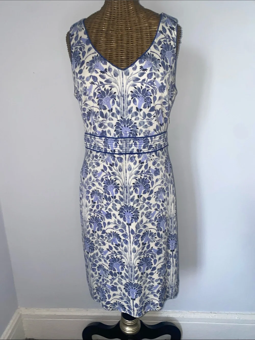Tory Burch Blue and White Floral V-Neck Midi Dress